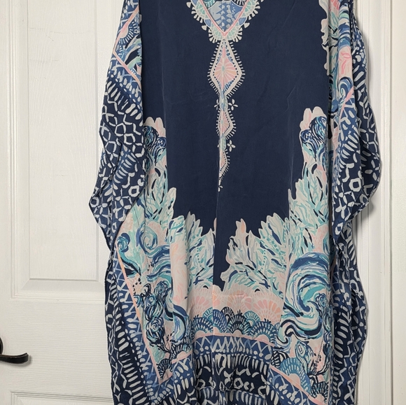 Lilly Pulitzer Atlin Elegant Navy and Pink Kaftan Swim Cover-Up L/XL 100% Silk - Picture 6 of 8